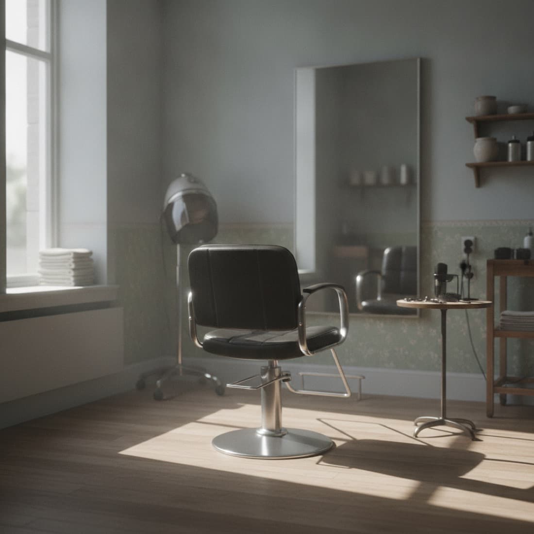 An empty styling chair facing a salon mirror.